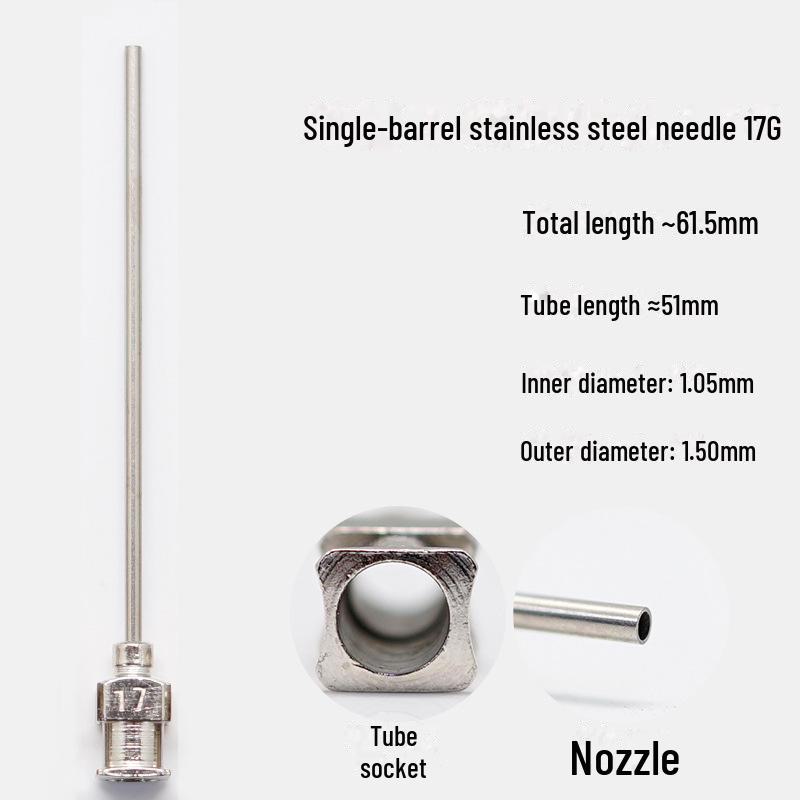 Дозирующая игла из нержавеющей стали с плоским кончиком, общая длина 61,5 мм, длина трубки 50 мм.