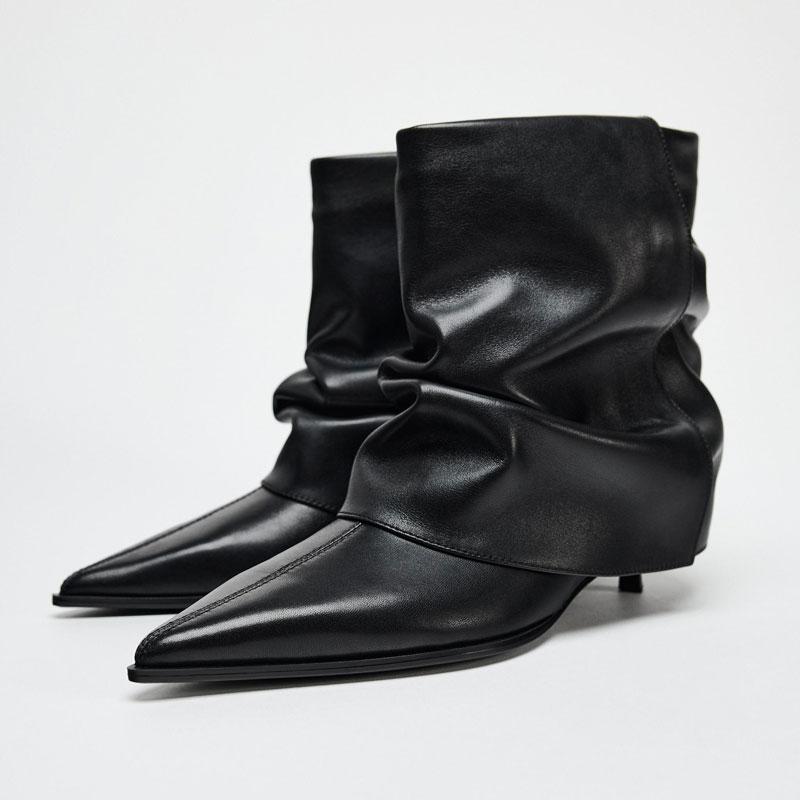 Элегантные новые женские ботильоны на каблуке-рюмочке, сексуальные ботильоны модной формы с острым носком и плиссированной короткой голенью из мягкой кожи