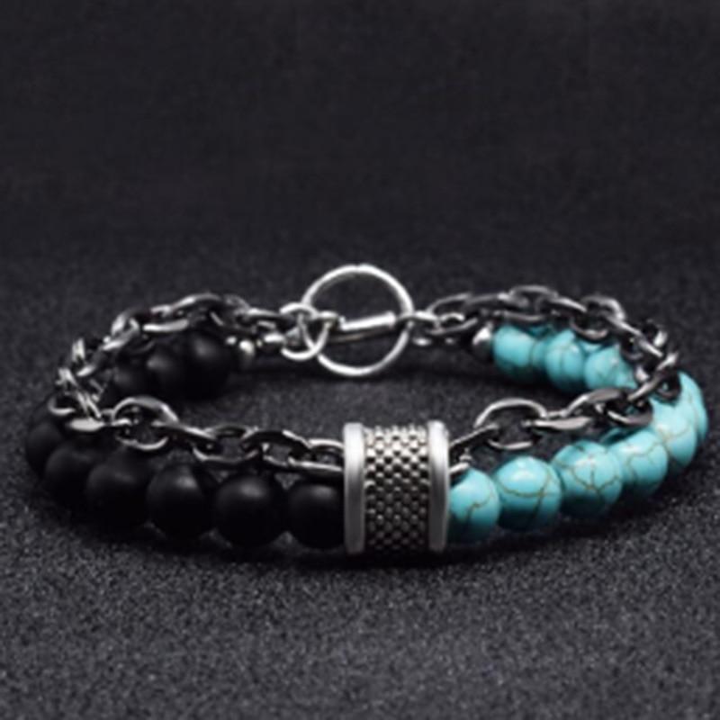 New Black White Stone Men's Bracelets Double Chain Link Stainless Steel Beaded Bracelets Bangle Male Jewelry