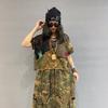 Женский комплект из 2 предметов Повседневный уличный стиль Топ с коротким рукавом Камуфляжные брюки с заниженной талией Вырез Свободный крой