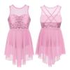 Kids Girls Sleeveless Irregular Hem Lyrical Dance Ballet Leotard Dress Performance Costume