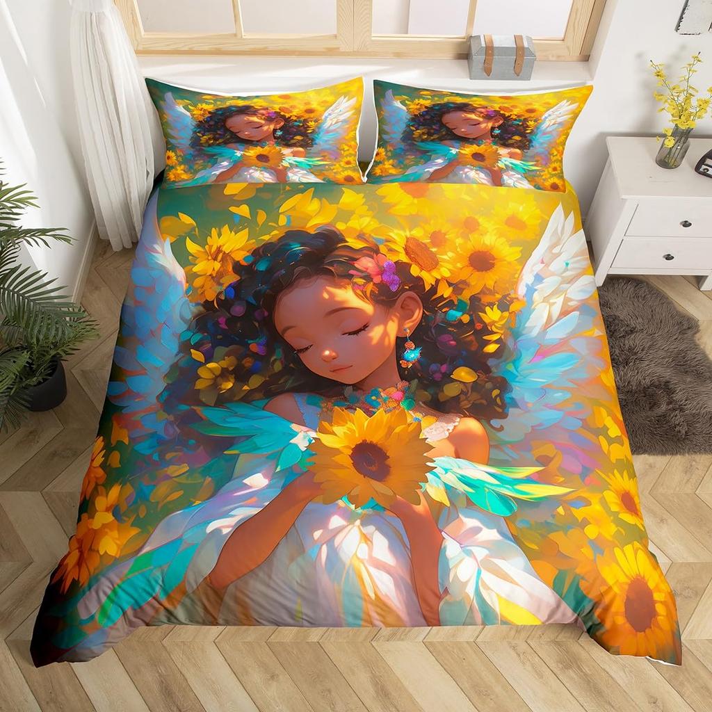 Angel Duvet Cover Set for Kids Queen Twin Size Quilt Covers Lightweight Down Room Decor 2 Pillowcases 1 Duvet Cover No Comforter