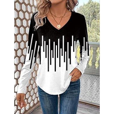 Женская футболка Футболка в полоску Повседневная черная, белая, синяя с принтом, длинным рукавом, модная, с v-образным вырезом, стандартная посадка, весна и осень