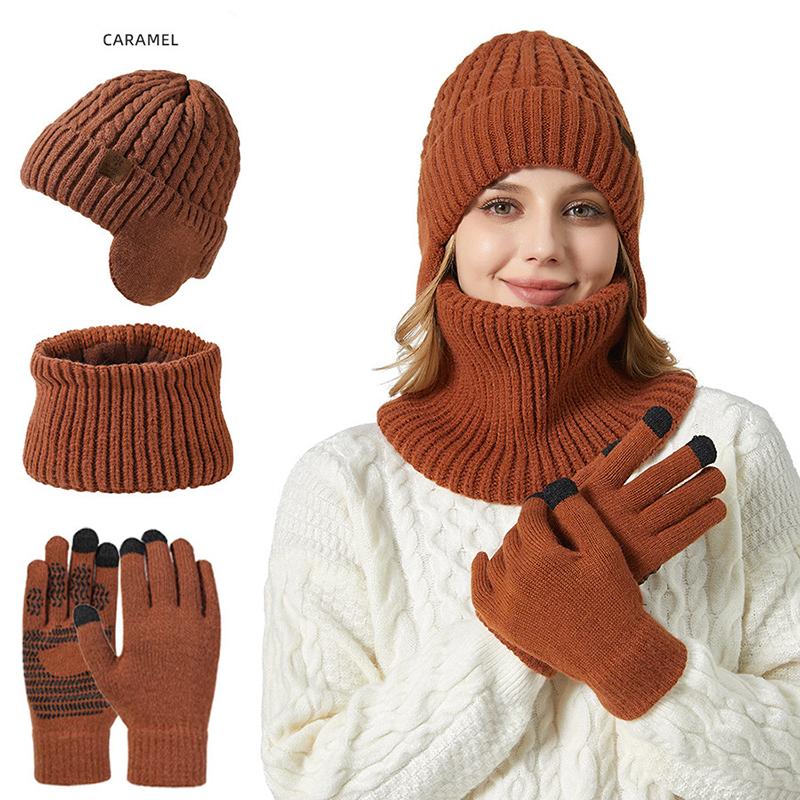 Women Knitted Beanies Cold Hat 3pcs Warm Winter Hat For Women Scarves Cap Scarf Gloves Hats Three Sets Outdoor Warmer Scarf Hat Touch Screen Gloves