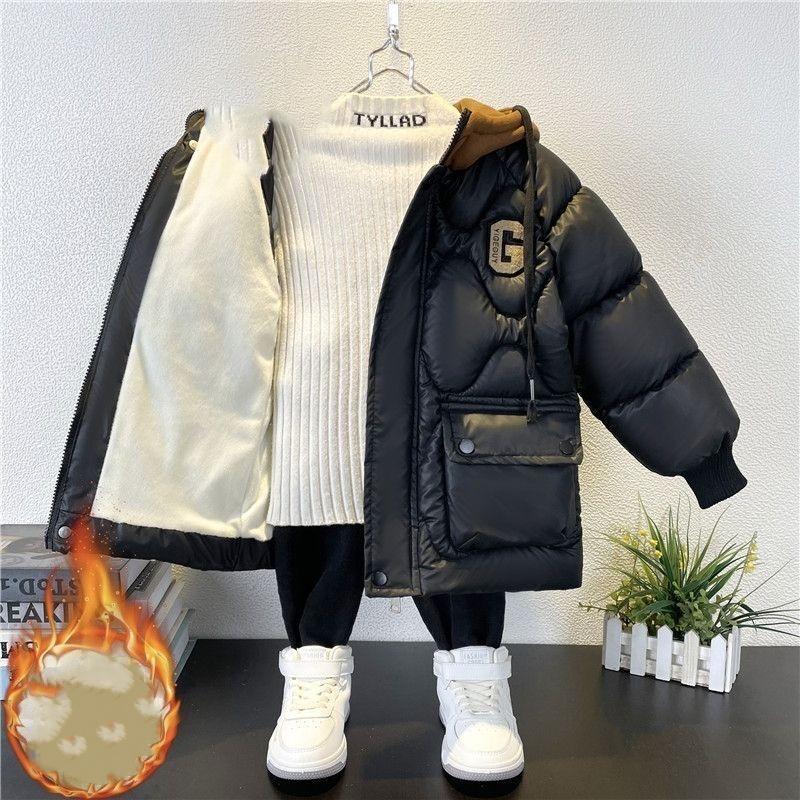 Куртка на хлопковой подкладке для мальчиков, утепленная и бархатная, с капюшоном, куртка на хлопковой подкладке