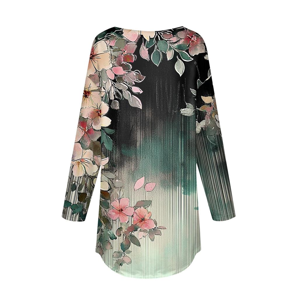 Women's Loose Round Neck Print Long Sleeve T-Shirt Top Pullover