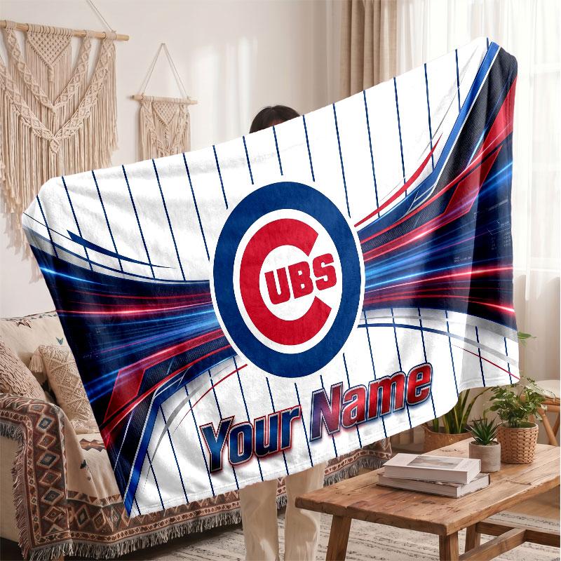 Chicago Cubs Flannel Blanket, Custom Name Text Personalized Soft Throw Blanket Home Decor Gift