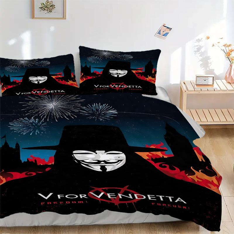 3pcs V for Vendetta Bedding Set, Soft Polyester Duvet Cover and Pillowcases Machine Washable Seasons all suitable & Guest Room Decor220