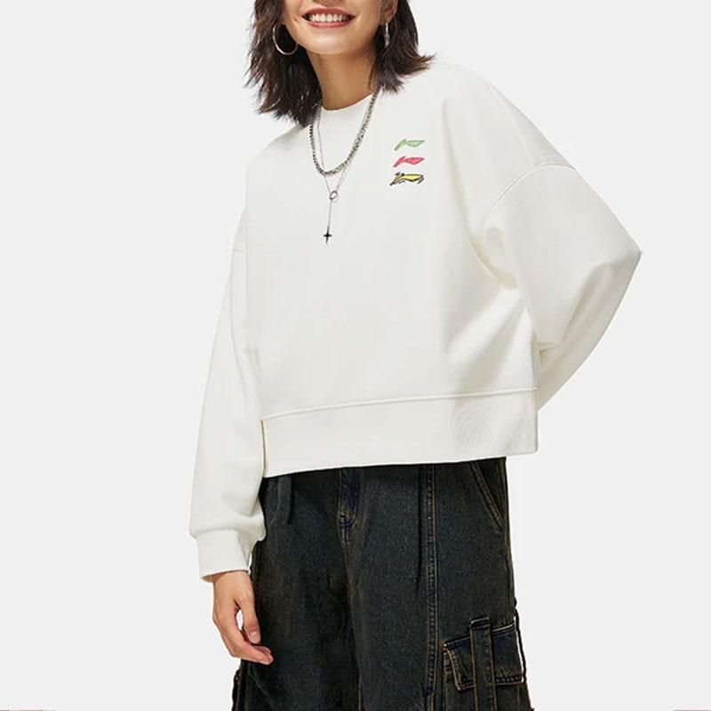 Li Ning Sports Lifestyle Series однотонный флисовый теплый свободный пуловер с логотипом Женская толстовка Off-White AWDTE48-1