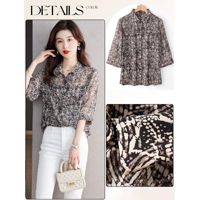 Классический темпераментный принт Однобортная блузка Женская Офисная Универсальная Рубашка-поло Летняя С полурукавом Шифоновая Женская Рубашка