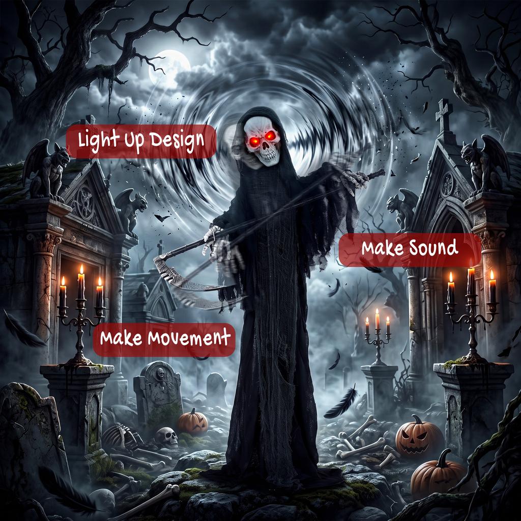 183cm Life Size Animated Grim Reaper Halloween Decoration, Scary Halloween Animatronics Decor with Sound Touch Activated