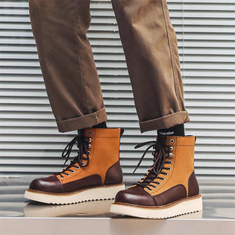 Модные кожаные мужские высокие ботинки на шнуровке, новое поступление, мотоциклетные ботинки, мужские уличные кроссовки с толстой подошвой и круглым носком