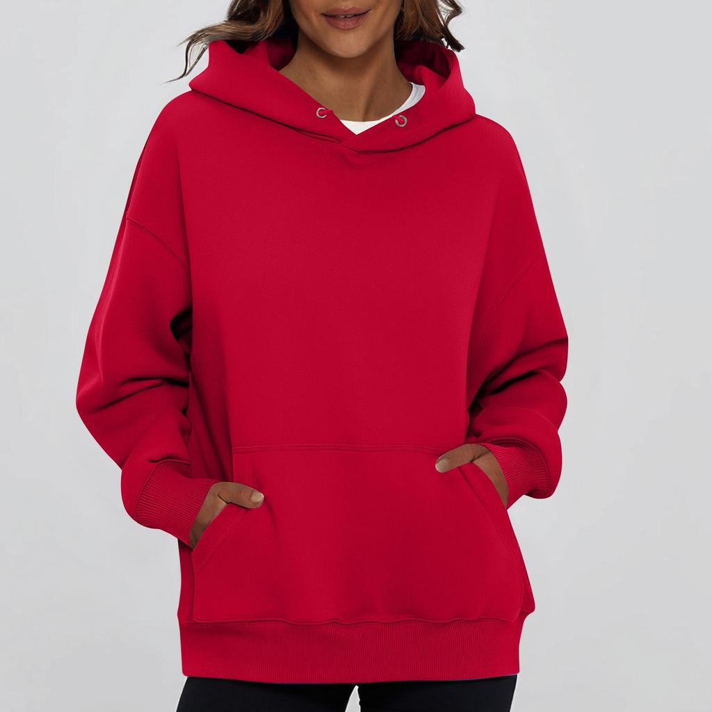 Ladies' Fashionable Solid Color Casual Hooded Pocket Long Sleeved Sweatshirt