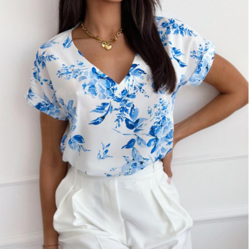 Women's Summer Simple Fashion Printing V-neck Loose Short-sleeved Shirt