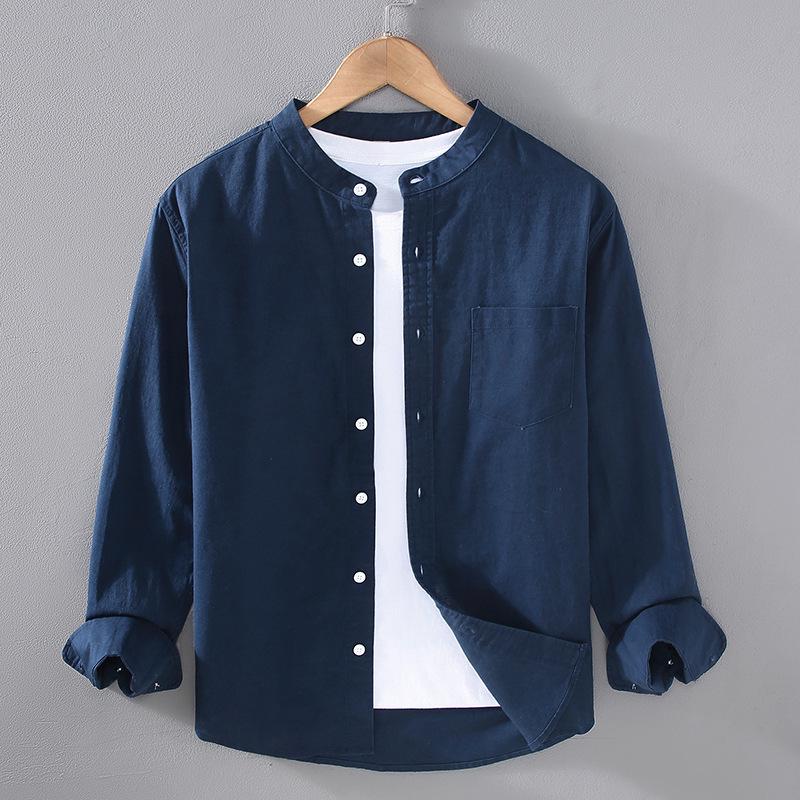 Мужская рубашка из хлопка и льна с длинным рукавом, китайским воротником-стойкой и карманом - простая, удобная повседневная куртка