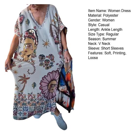Summer Women Dress V Neck Short Sleeves Loose Retro Ethnic Printing Pullover Ankle Length Casual Daily Wear Maxi Dress
