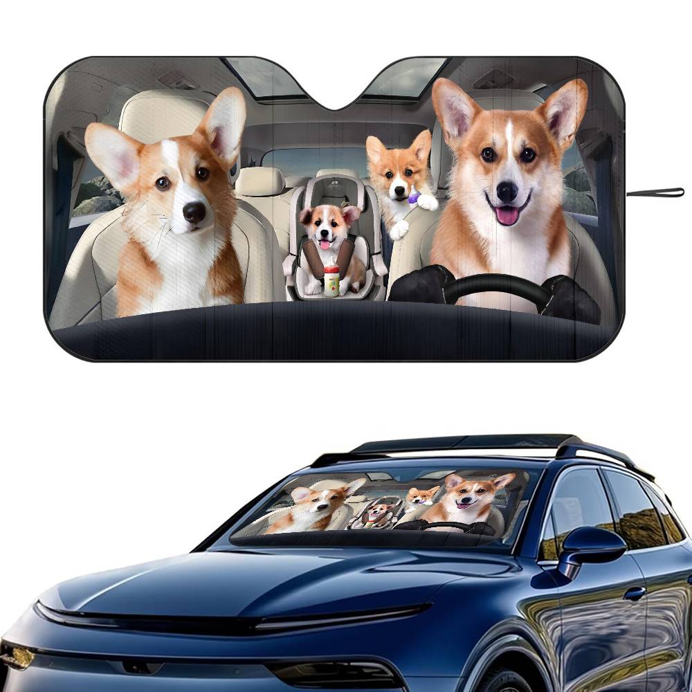 Corgi Driving Animal Car SunShade Windshield Foldable Three-layer Insulation Sunshade By Suction Cup Blocks UV Rays Sun