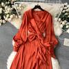 Women Elegant Satin Bandage Ruffled Irregular Dress High Waisted Ladies A-line Vintage Party Evening Long Dresses