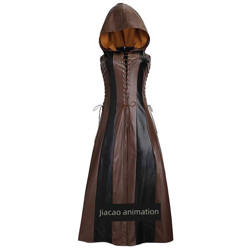 Amazon Wishebay European and American Hot-Selling Style, Chest-Tie Five-Size Sleeveless Hooded Long Leather Skirt in Stock