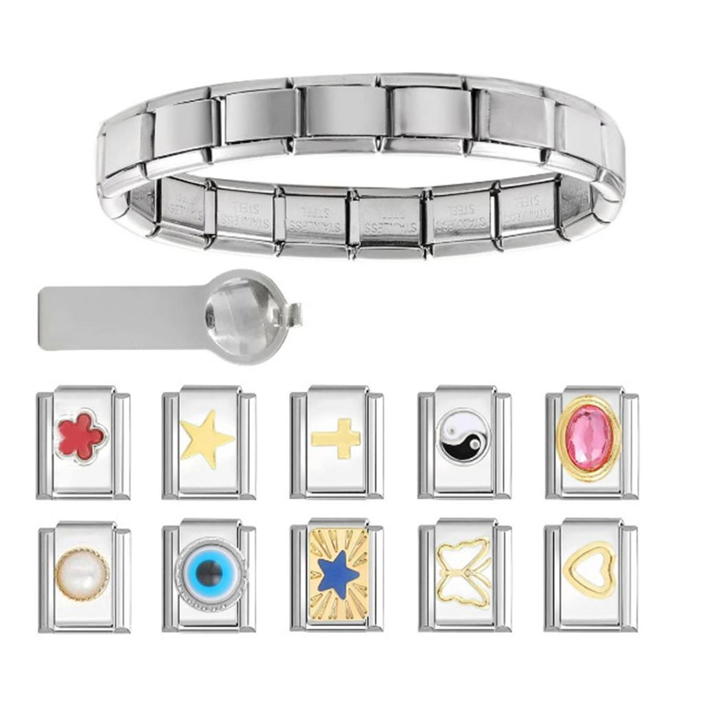 Stainless Steel Italian Style Charms Artisanal Italian Charm Bracelet Set Sturdy Links with Easy To Use Opening Tools