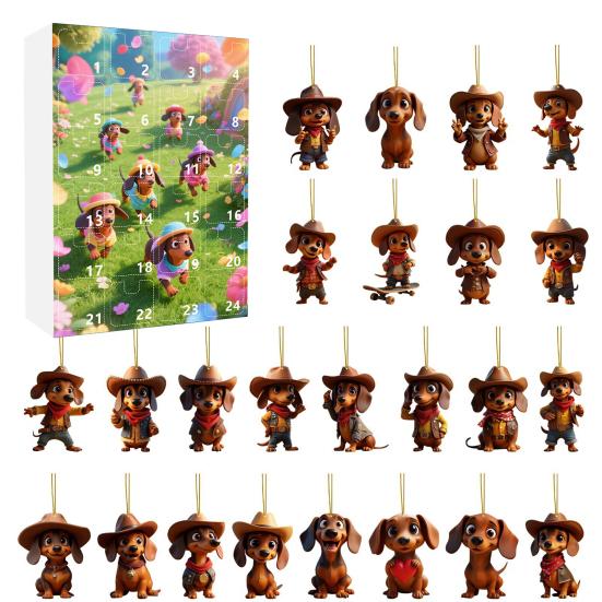 Календарь ожидания Рождества с собакой таксой 2025 24 дня Календарь обратного отсчета до Рождества с 2D акриловыми подвесными украшениями в виде таксы для декора елки
