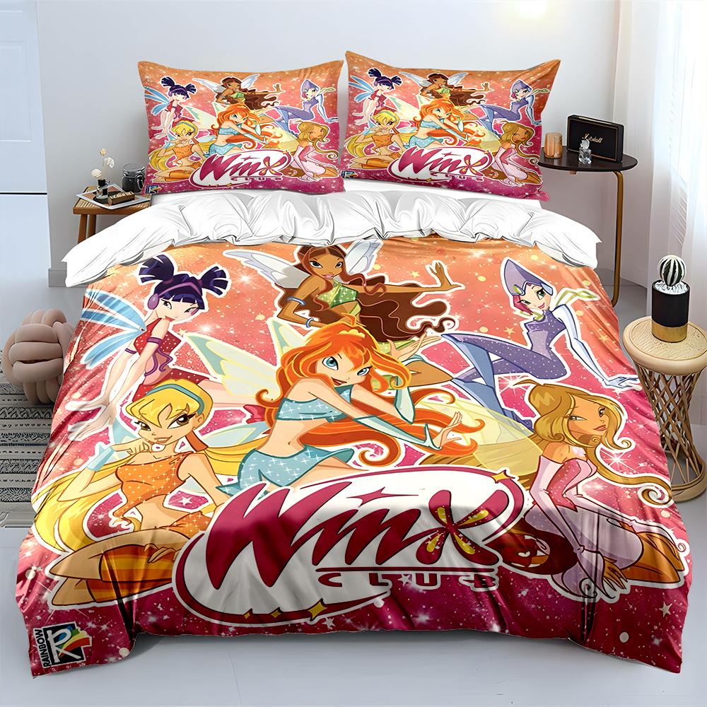 Beautiful Girls W-winx Cartoon Pattern Duvet Cover Set Digital Print Colorful Polyester Bedding with Zipper Closur for Kids Gift
