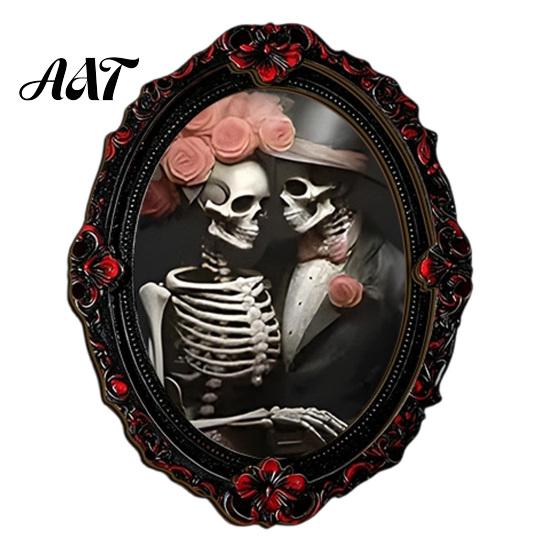 Halloween Skeleton Kitchen Accessories Gothic Refrigerator Magnet, Retro Oval Photo Frame Fridge Magnets, Distressed Decorative Metal Cabinet Magnets