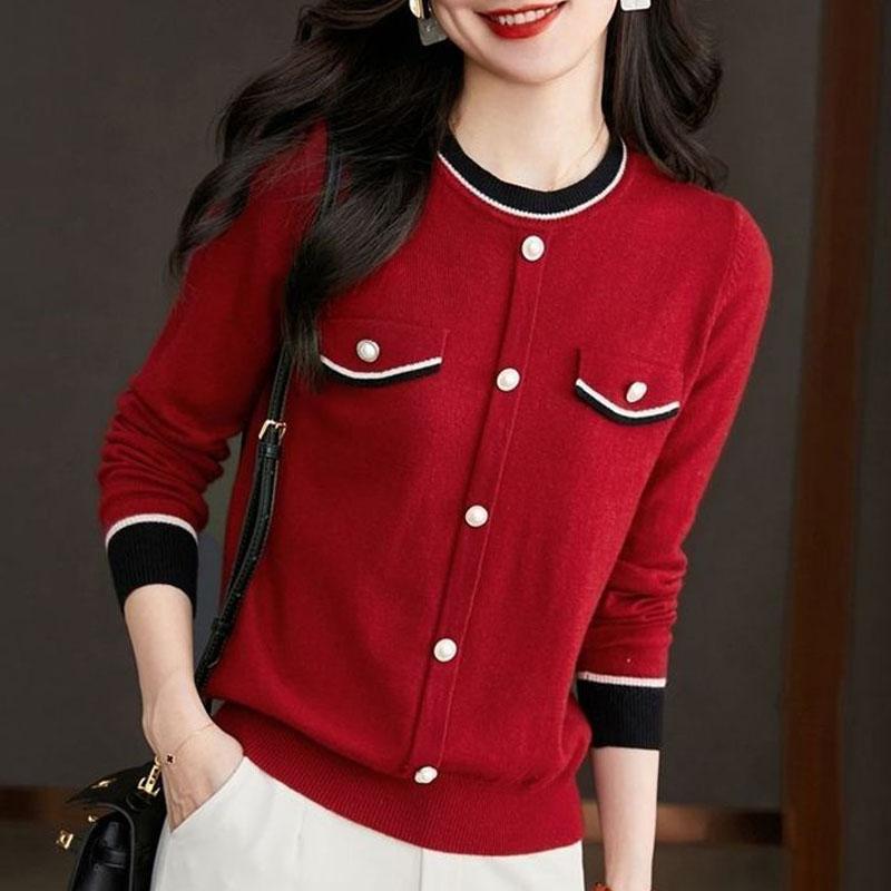 Новый осенний модный тренд Маленький аромат Круглый вырез Сочетание цветов Универсальный Свободный крой Стройнящий и Молодящий женский свитер