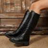 Fashion 2025 Autumn New High Top Motorcycle Boots Black Knee High Side Zipper Long Leather Boots Fashion Botas Largas Mujer Size 35 40