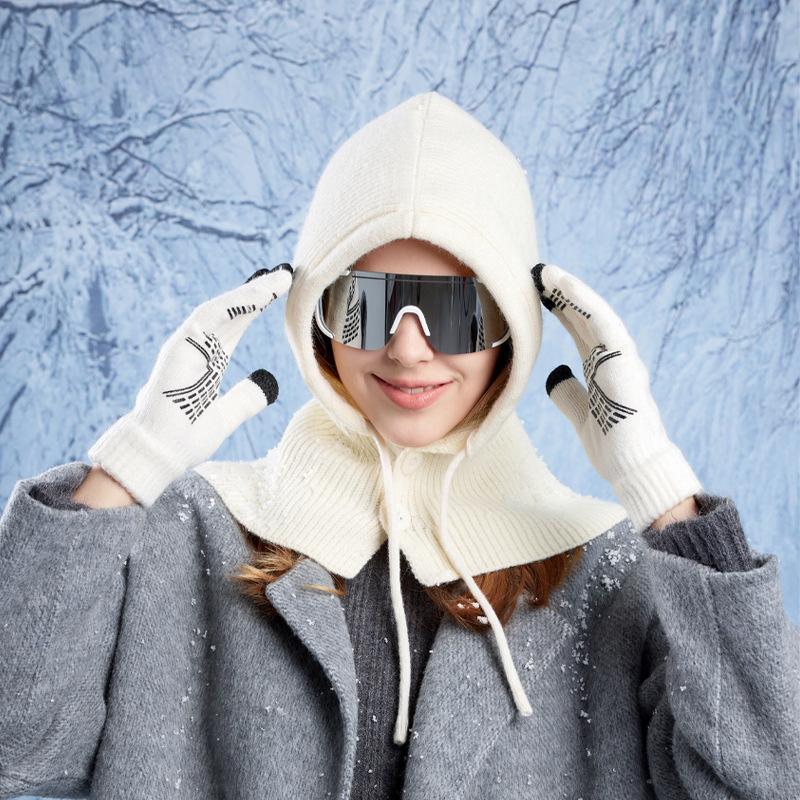 Зимняя теплая вязаная шапка с защитой ушей и перчатками, женская шаль, цельный пуловер, шерстяная шапка