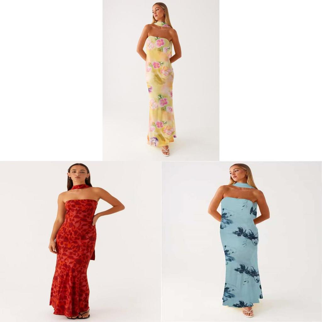 French Floral Chiffon Maxi Dress With Zipper For Summer Beach Vacation