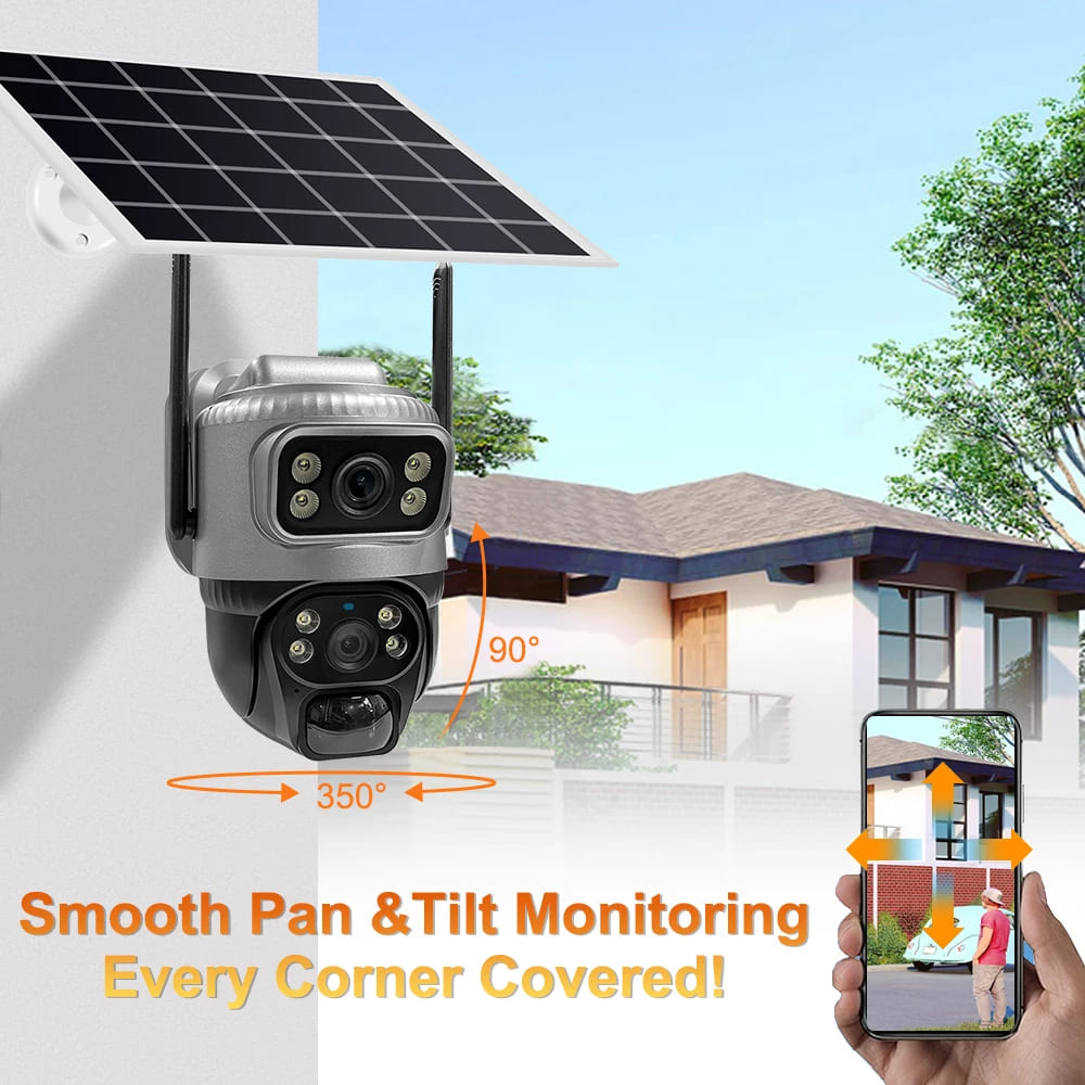 Новая солнечная камера 4K 8MP 4G SIM-карта с двумя объективами, WIFI, ночным видением, двойной экран, аккумулятор, PIR, обнаружение движения, наружное видеонаблюдение