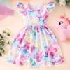 Preschool Dress Cartoon Dinosaur Butterfly Princess Summer Ruffled Sleeves Tie Dyed Rainbow Party Set