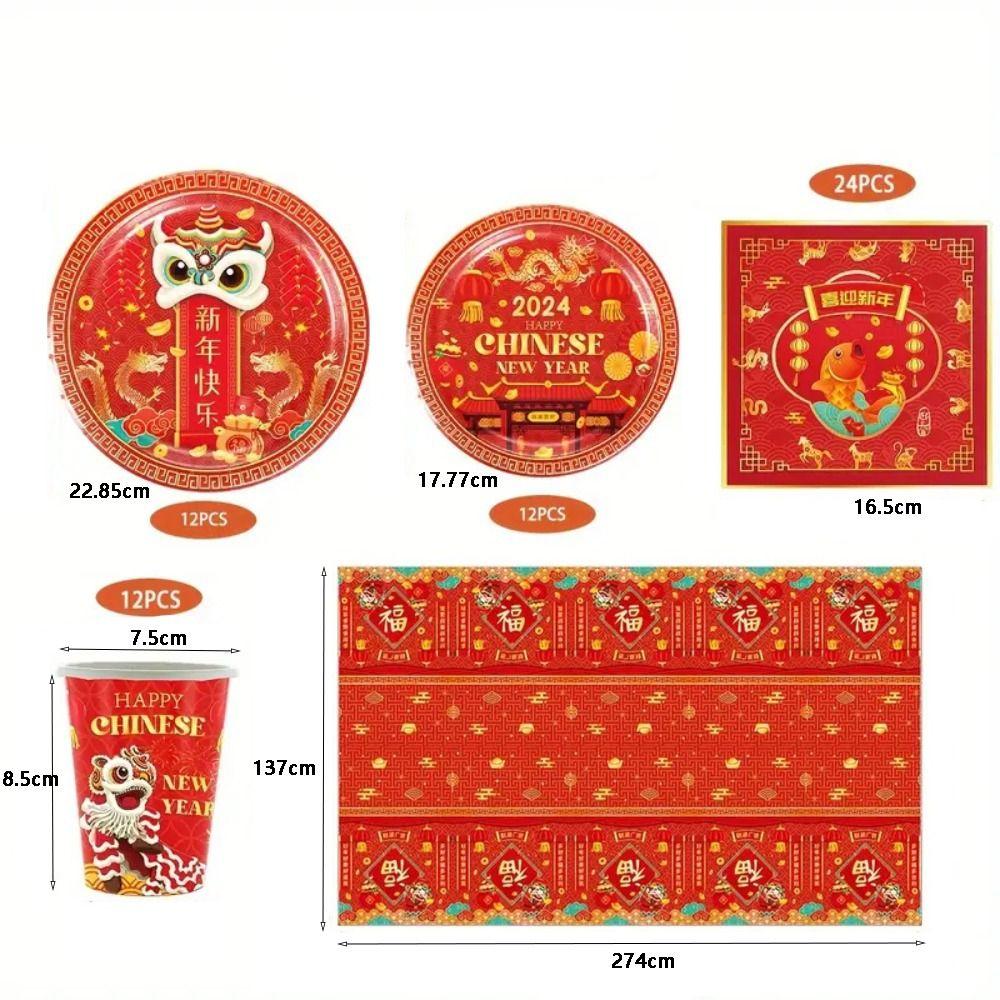 Serves 12 Paper Disposable Tableware Set Plates Cups Napkins Tablecloth Year of The Dragon