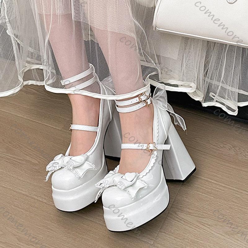 Fashion Comemore Platform Women Lolita Pumps Fashion Shallow Chunky High Heel Female Shoes Night Club Ankle Buckle Bow Dress Heels Women