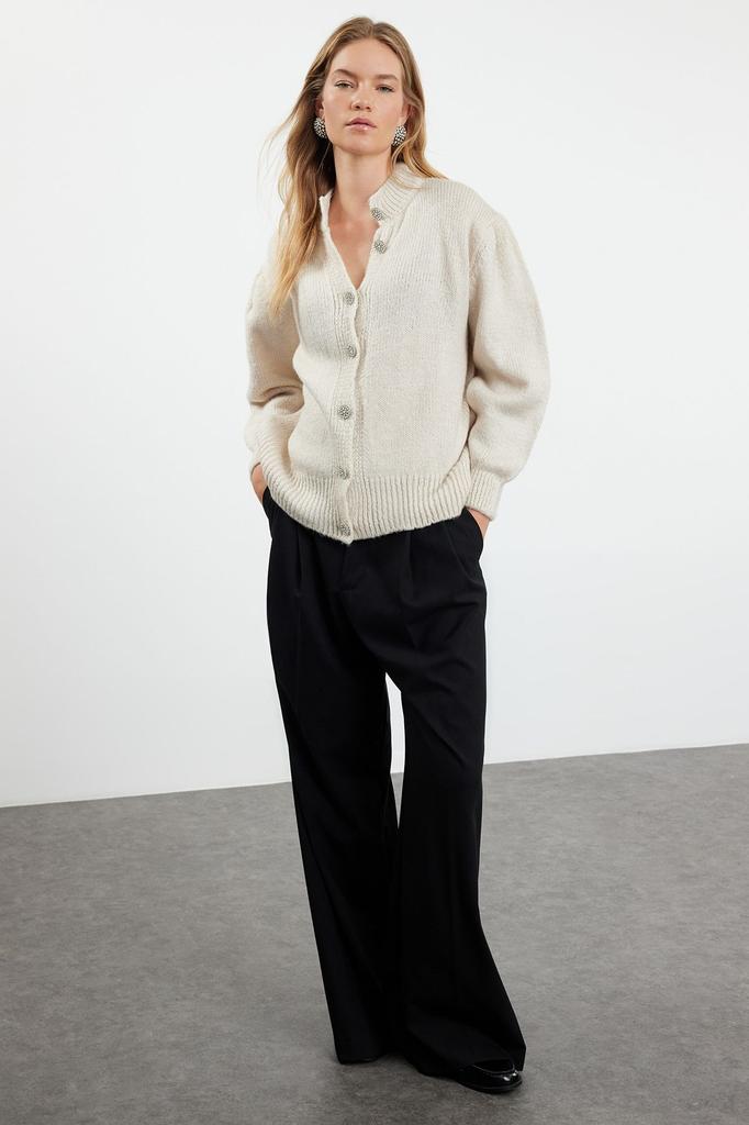 Women's Elegance Style Cardigan Stone Soft Textured Jewel Buttoned Jacket Look Knitwear Cardigan