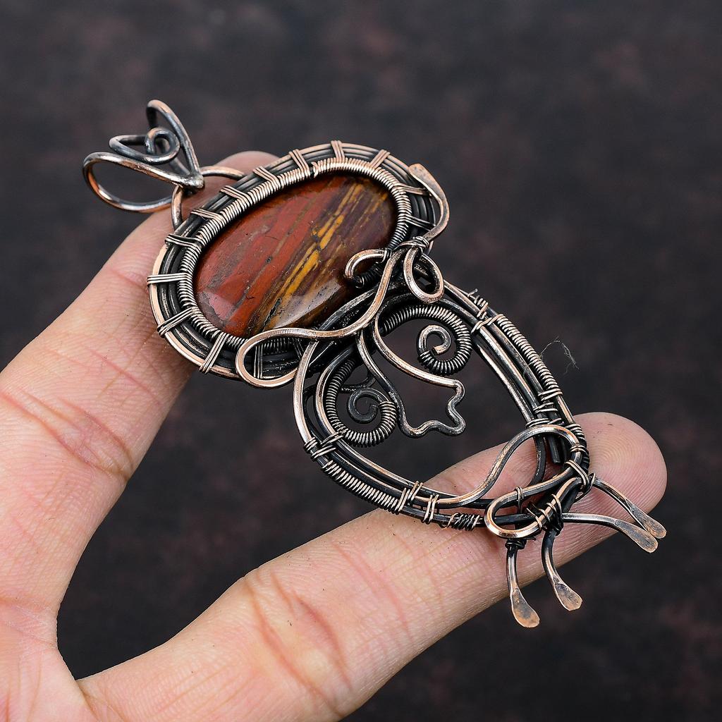 Красная яшма «змеиная кожа» кулон, обмотанный медной проволокой, кулон из натурального драгоценного камня, дизайнерский кулон ручной работы, медные украшения, подарок для мамы