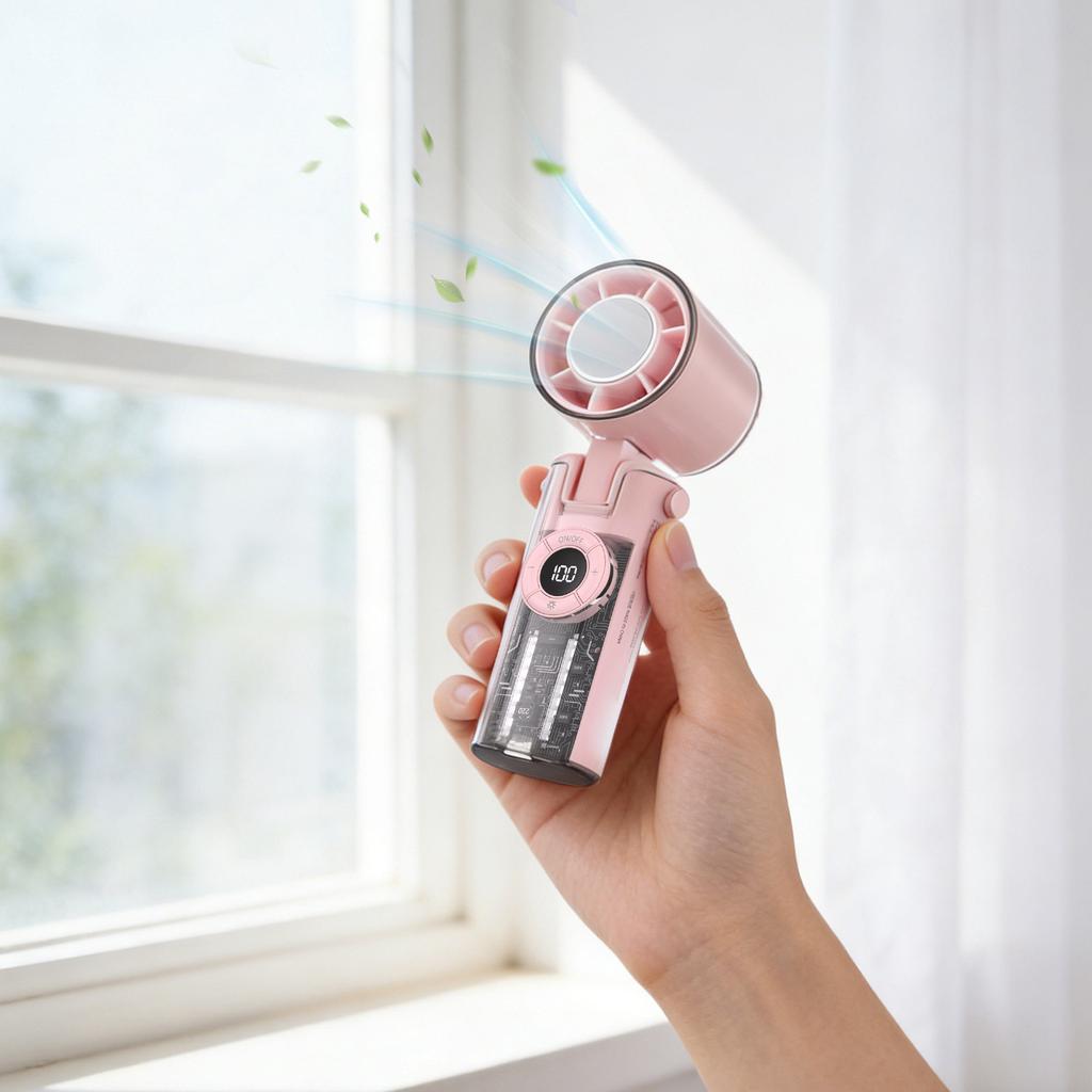 Portable Conditioner Fan With Function, 4000mAh Rechargeable Battery, Transparent Mechanical Fan Design, And Comes With A Lightweight Lanyard.