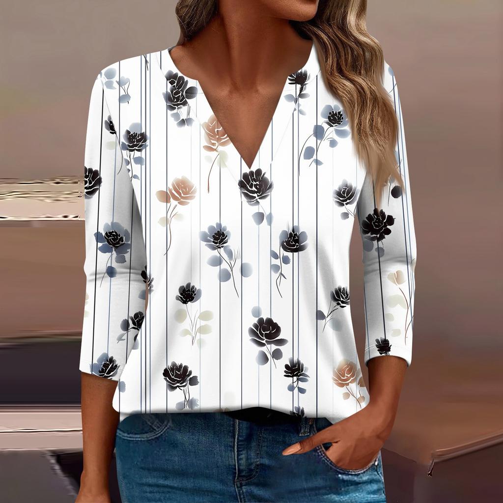 Женская футболка Футболка с принтом Рукав 3/4 Повседневные Выходные Мода Базовый V-образный вырез Обычный топ