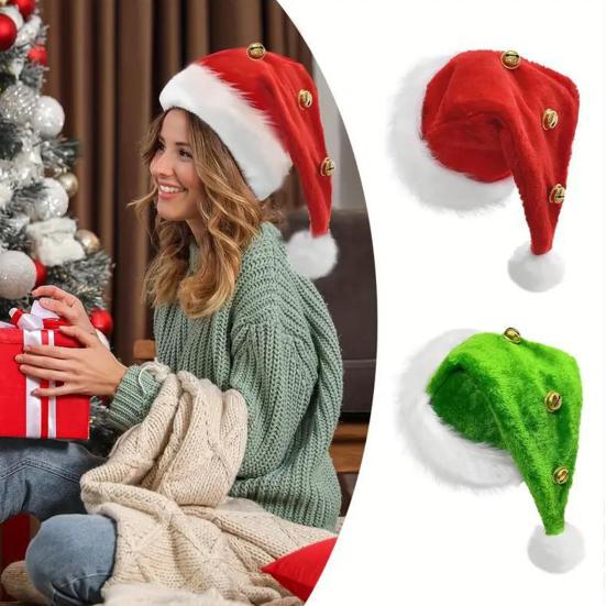 Unisex Velvet Santa Hat with Bells Green/Red Fluffy Christmas Hat with Pompom Ball for Holiday New Year Party Supplies