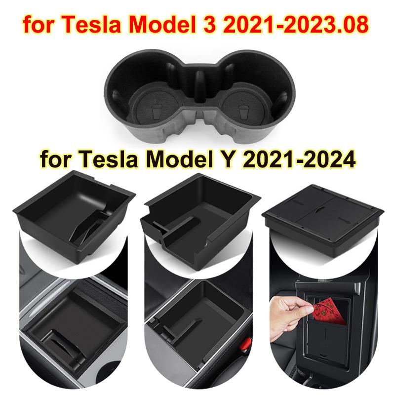 For Tesla Model Y 3 2023 2022 Center Console Storage Organizer Box Tray Armrest Hidden Box Water Cup Holder Interior Accessories