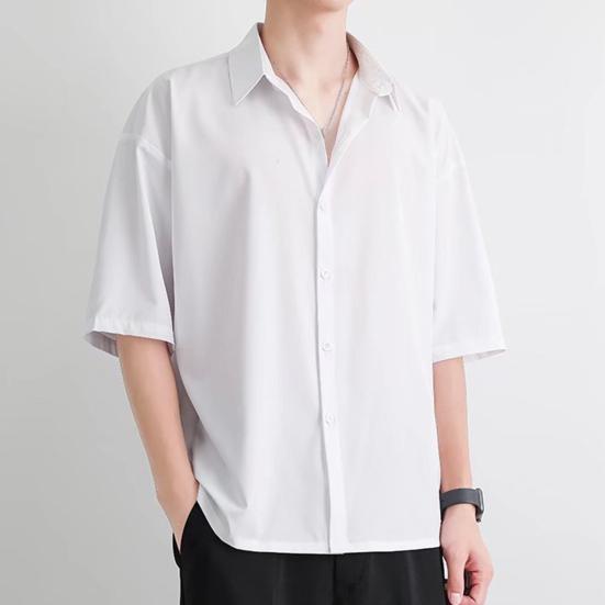 Men Summer Shirt Turn-down Collar Single-breasted Loose Short Sleeve Solid Color Buttons Soft Breathable Men Casual Top