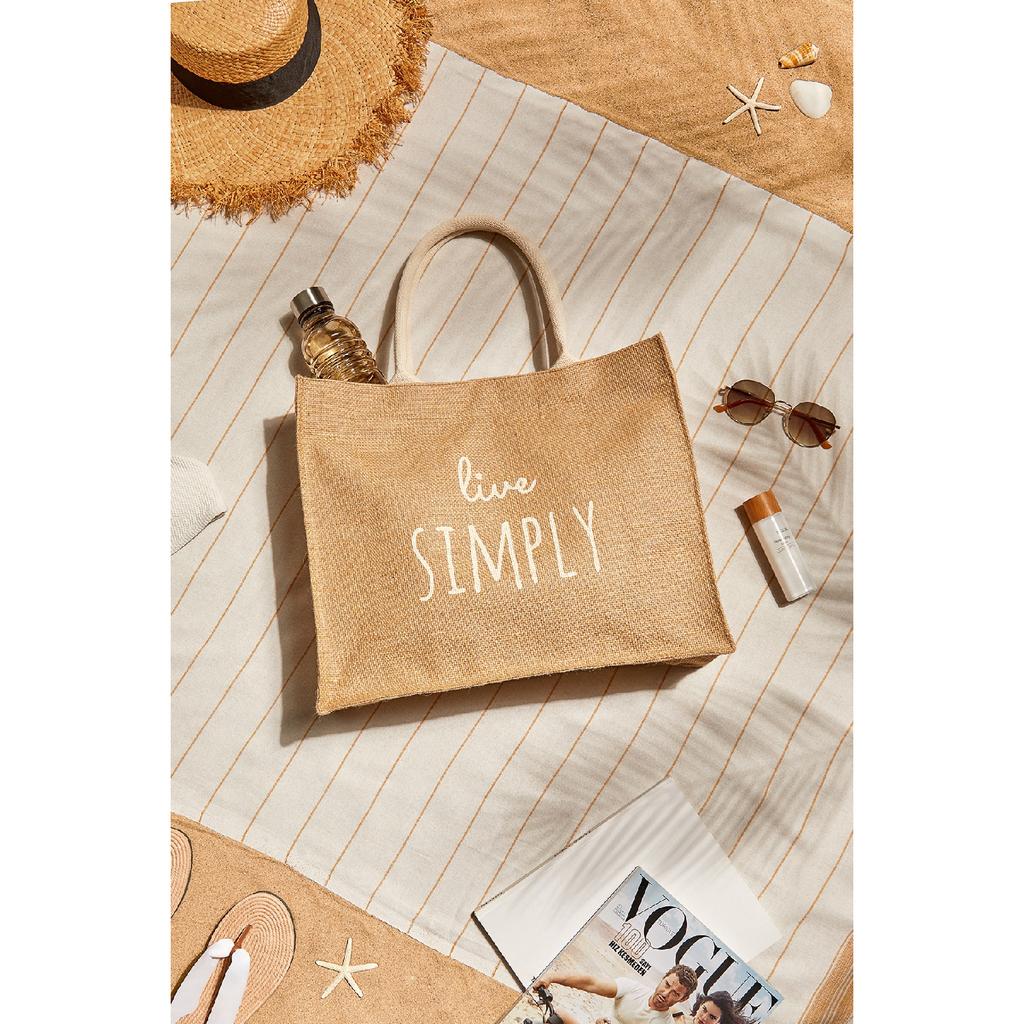 Пляжная сумка через плечо с ручкой для покупок из натурального джута Live Simple с принтом 42x35x12