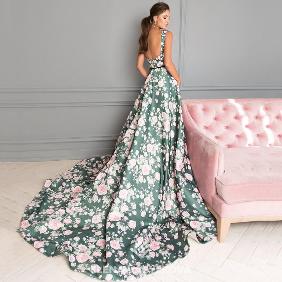 Women Wedding Bride Bridesmaids Elegant Sleeveless Flowers Floral Print V Neck Maxi Long Dress Party Ball Gown