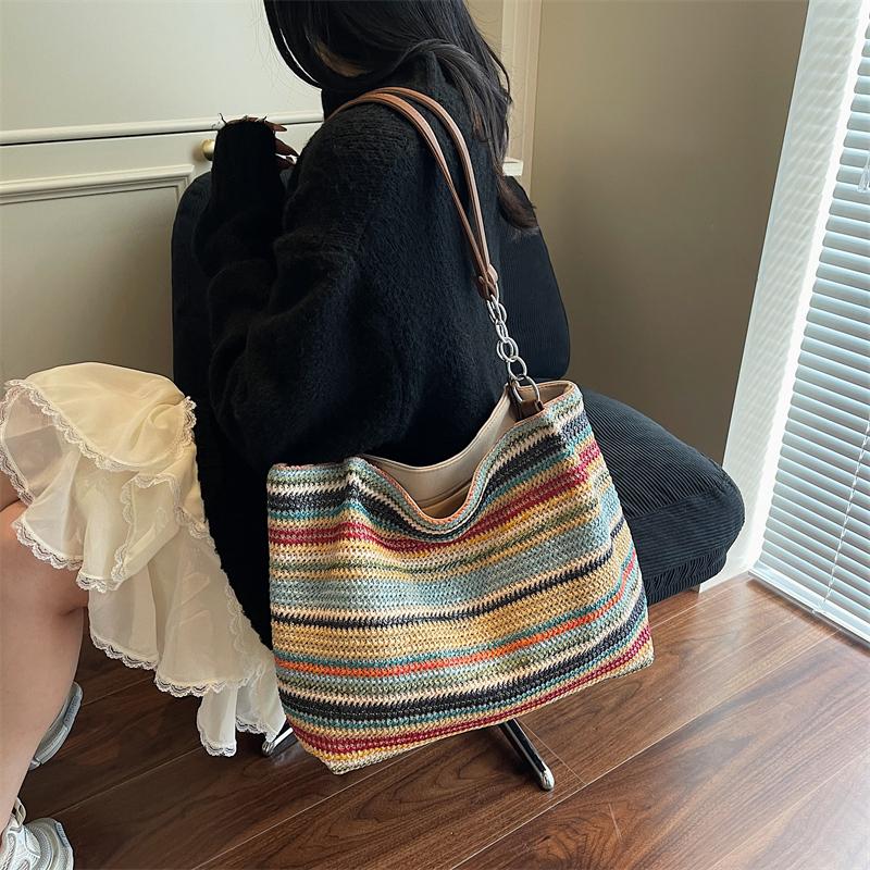 Женская сумка через плечо, полосатая сумка-тоут контрастного цвета, плетеная сумка-тоут, большая вместимость, плетеная сумка из соломы