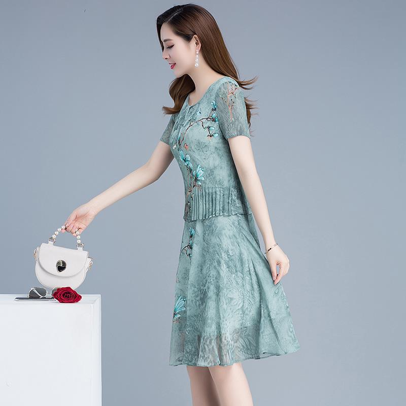 Женское шифоновое платье больших размеров, летнее винтажное платье трапециевидной формы длиной до колена с искусственным принтом из двух частей