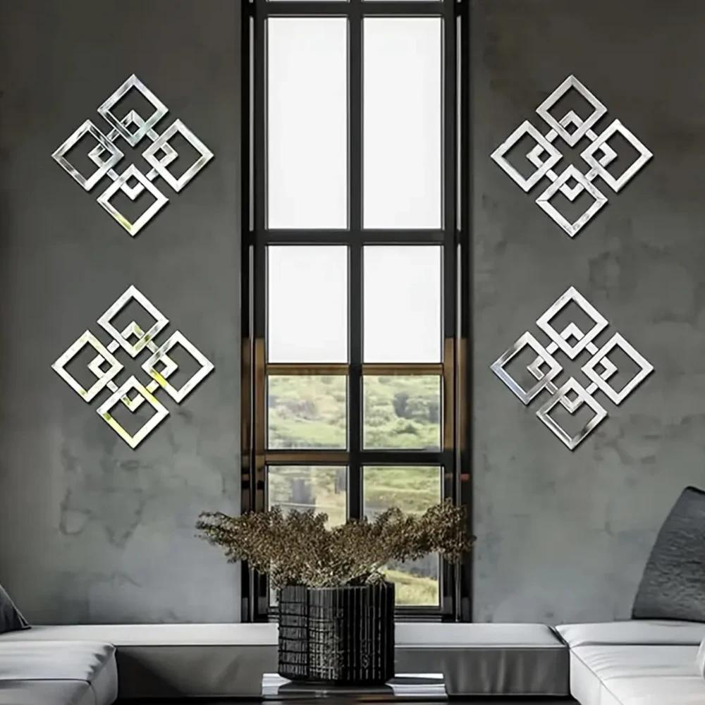 4/8/12pcs Geometry Mirror Wall Sticker Acrylic Square Wall Decals Self-adhesive Decorative Stickers DIY Room Home Decor