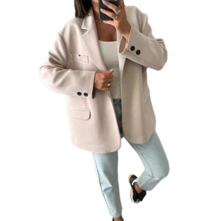 Women Winter Woolen Coat Oversized Thick Casual Long Sleeves Solid Color Top Autumn Loose Single Breasted Lapel Collar Jacket