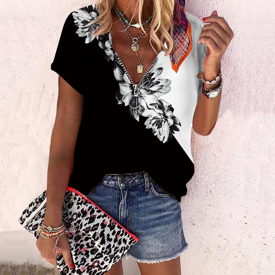 Женский топ, летний новый модный топ с розами и красивым цветочным принтом, повседневный топ на молнии с v-образным вырезом и короткими рукавами