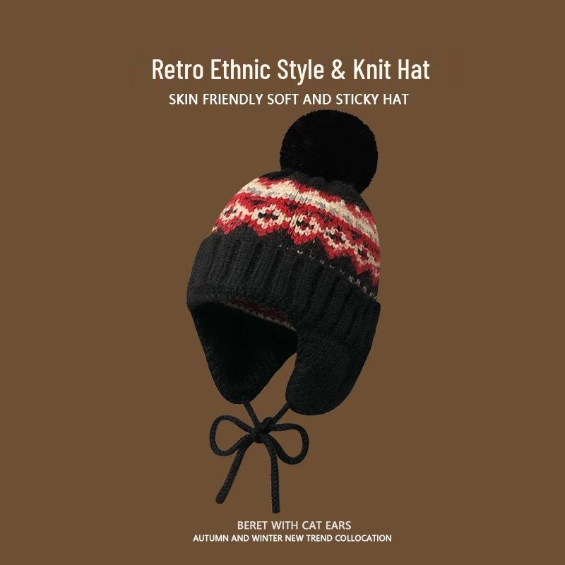 Женская вязаная шапка-бини с ушками в стиле Fair Isle - Теплая толстая шапка для осени и зимы